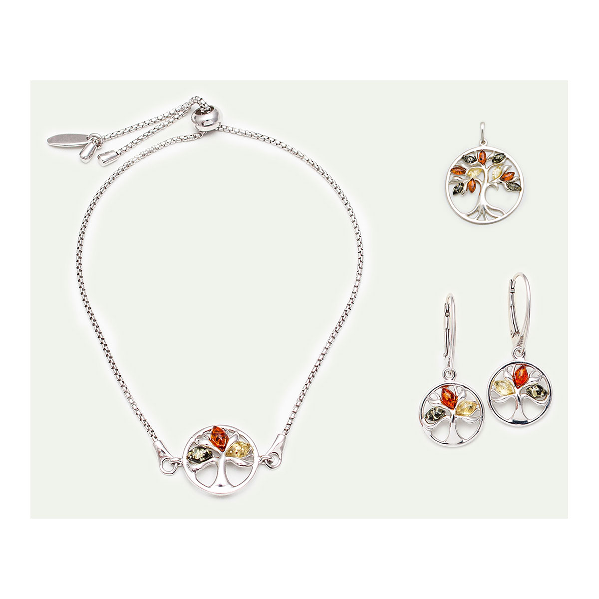 Bernstein Schmuckset Lebensbaum, Kettenanhänger, Ohrhänger, Armband